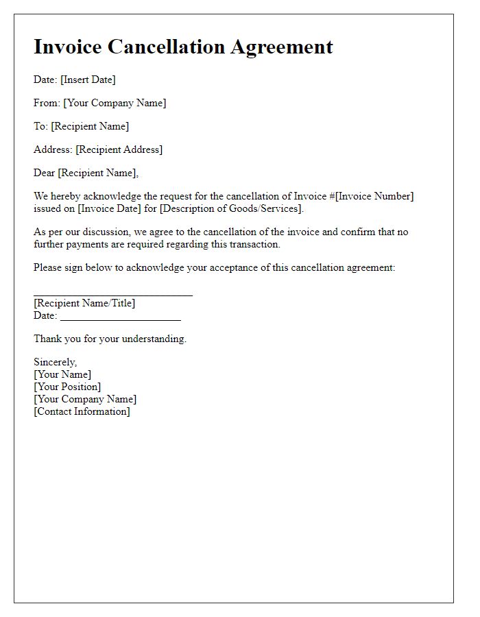 Letter template of invoice cancellation agreement