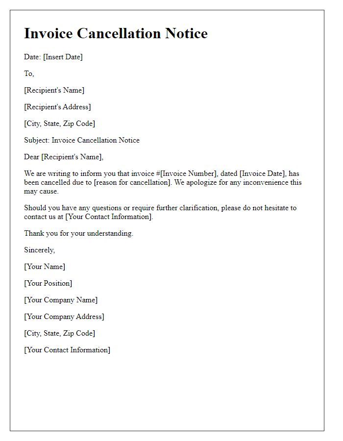 Letter template of invoice cancellation notice