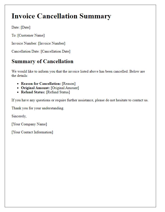 Letter template of invoice cancellation summary