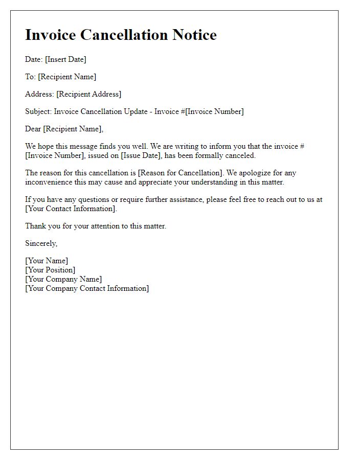 Letter template of invoice cancellation update