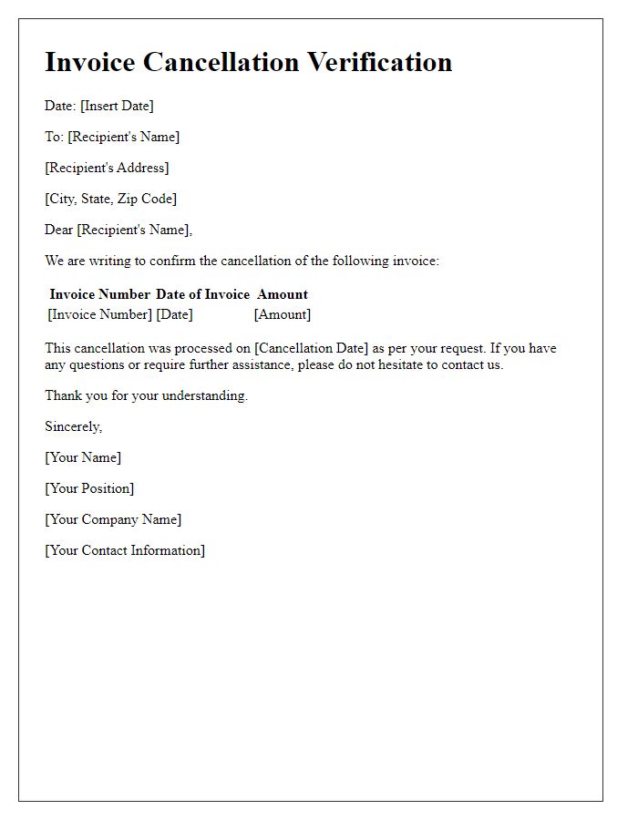 Letter template of invoice cancellation verification
