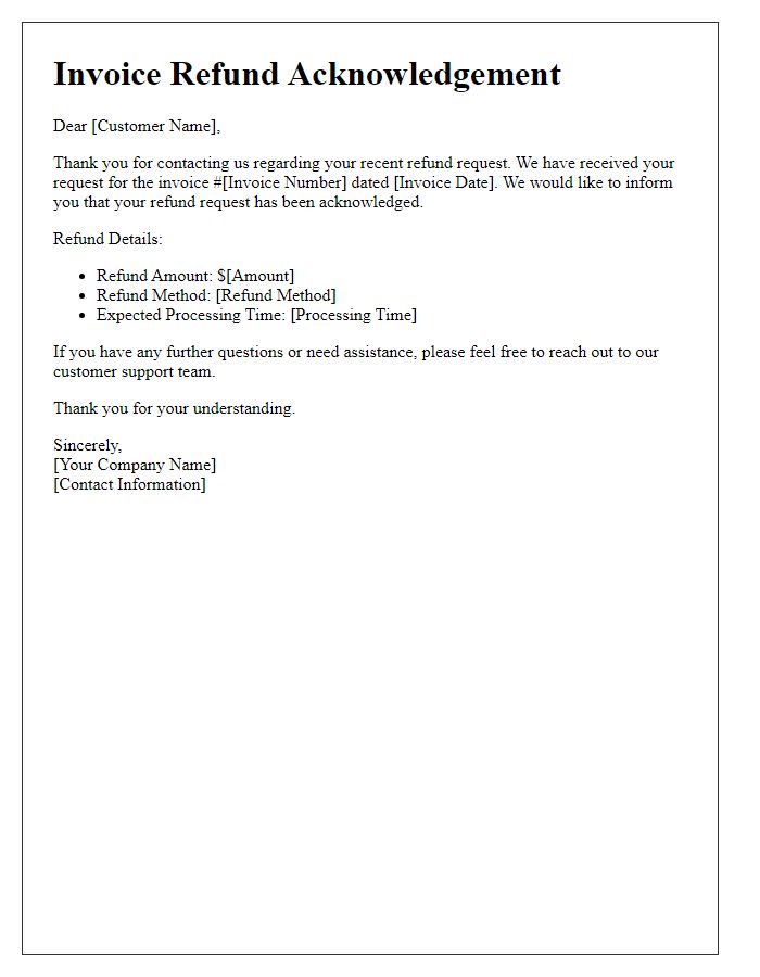 Letter template of invoice refund acknowledgement for customer support