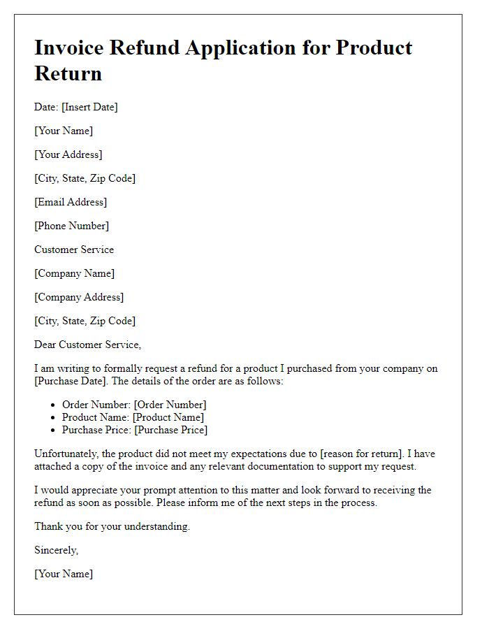 Letter template of invoice refund application for product return