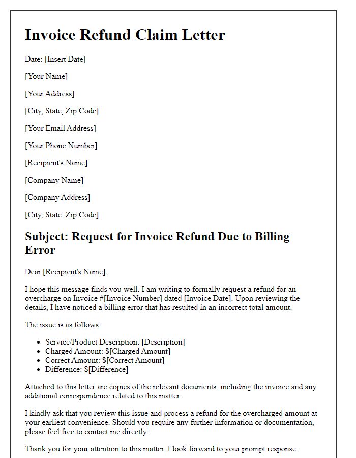 Letter template of invoice refund claim for billing error