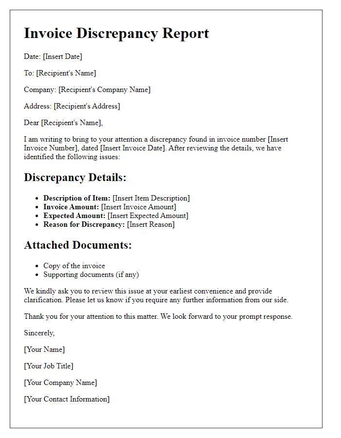 Letter template of detailed invoice discrepancy report