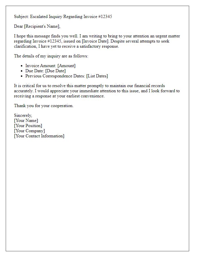 Letter template of escalated invoice inquiry