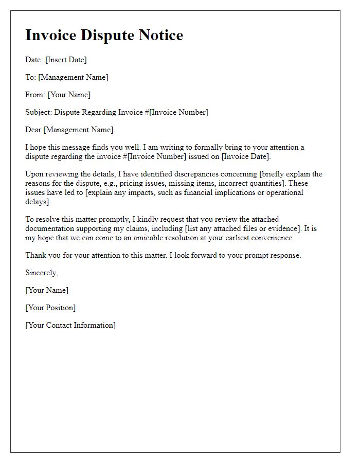 Letter template of invoice dispute notice for management attention