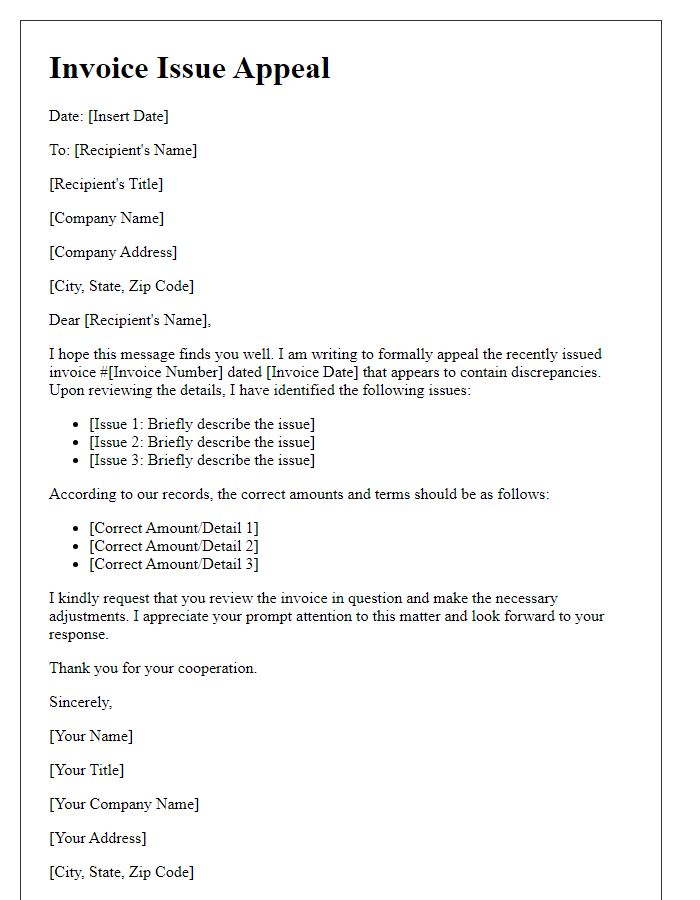 Letter template of invoice issue appeal