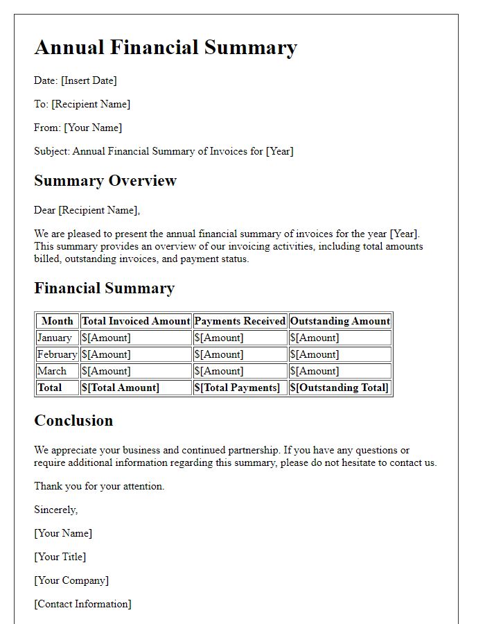 Letter template of annual financial summary of invoices