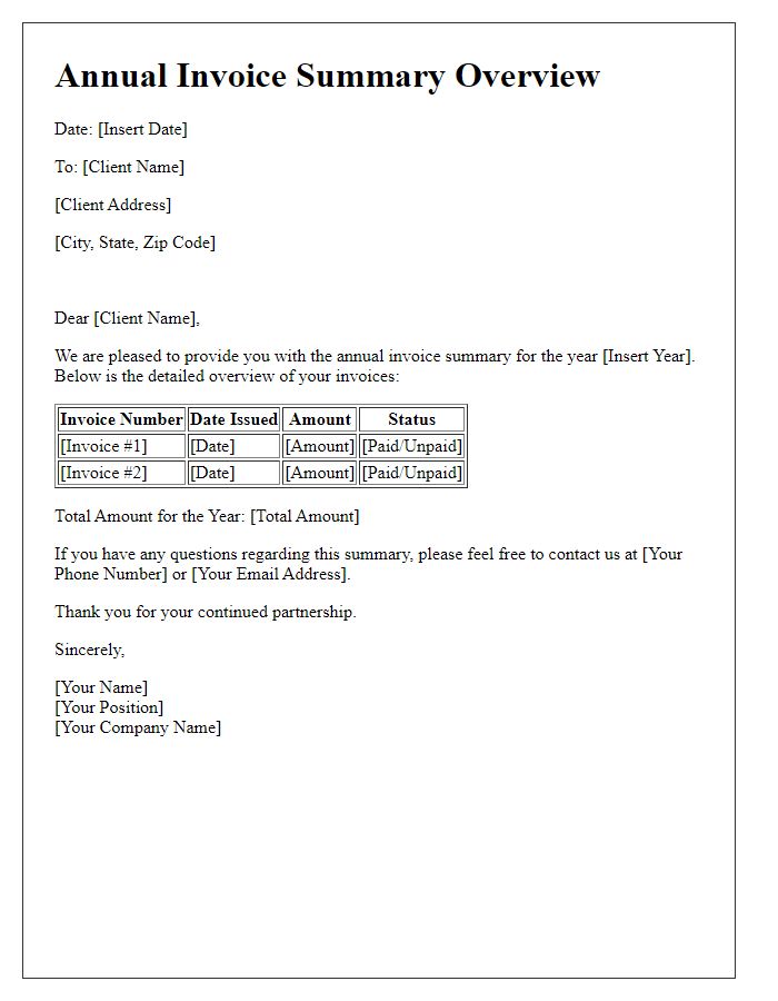 Letter template of annual invoice summary overview