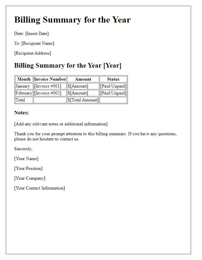 Letter template of complete billing summary for the year