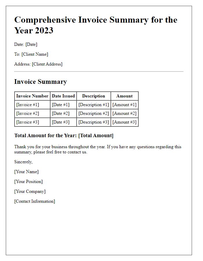 Letter template of comprehensive invoice summary for the year