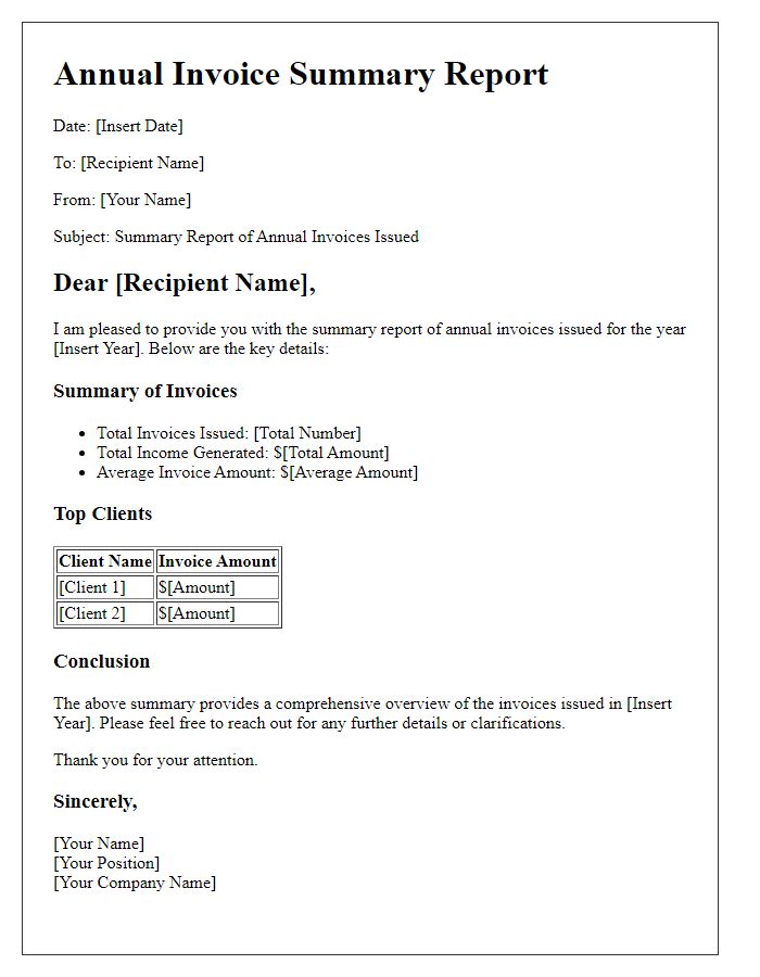 Letter template of summary report for annual invoices issued