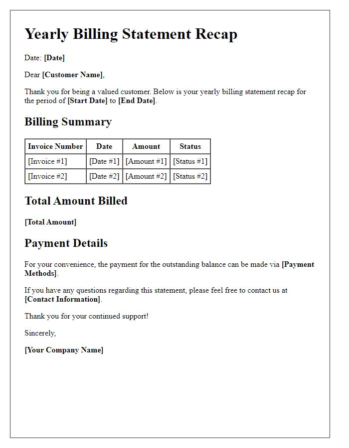 Letter template of yearly billing statement recap