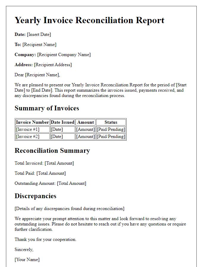 Letter template of yearly invoice reconciliation report