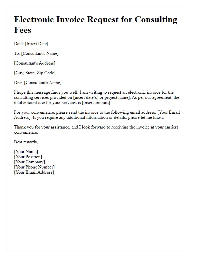 Letter template of electronic invoice request for consulting fees.