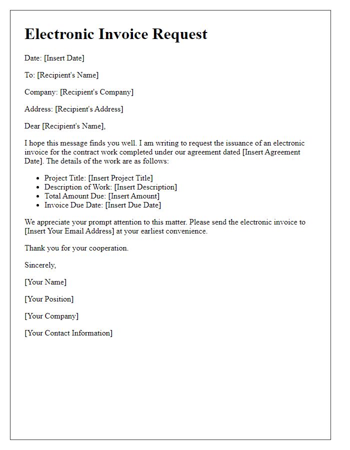 Letter template of electronic invoice request for contract work.