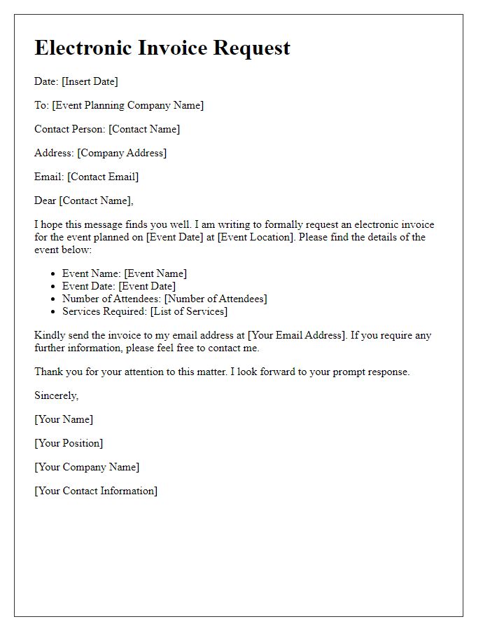 Letter template of electronic invoice request for event planning.