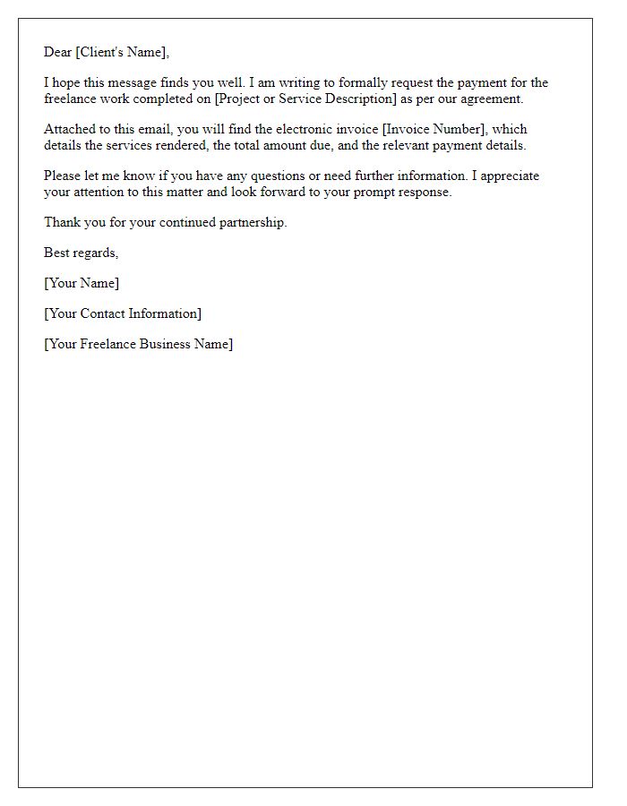 Letter template of electronic invoice request for freelance work.