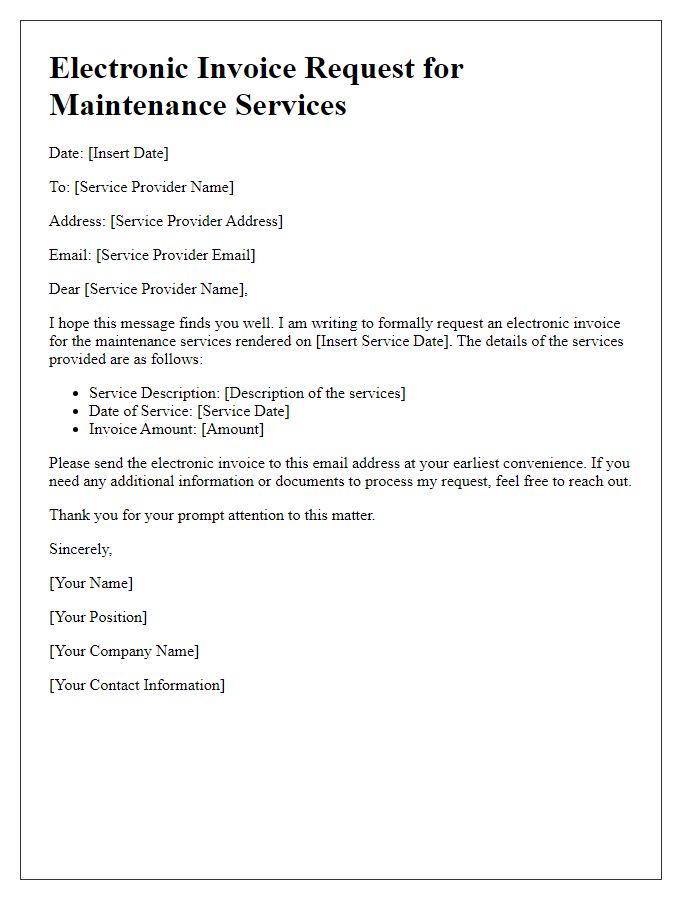 Letter template of electronic invoice request for maintenance services.