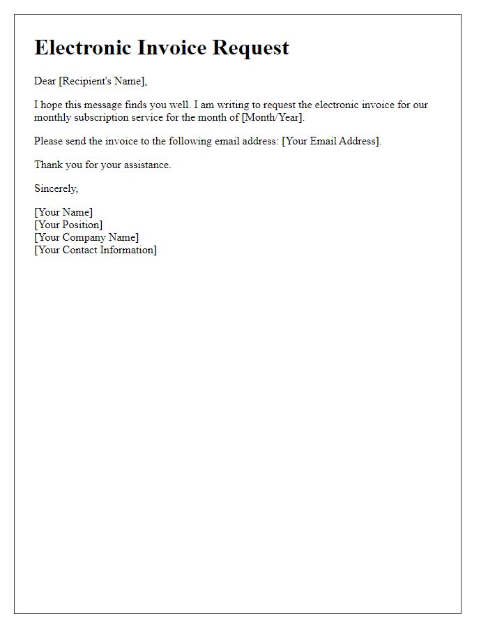 Letter template of electronic invoice request for monthly subscription.