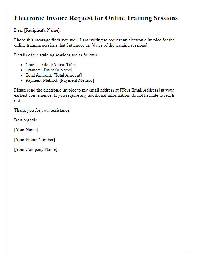 Letter template of electronic invoice request for online training sessions.