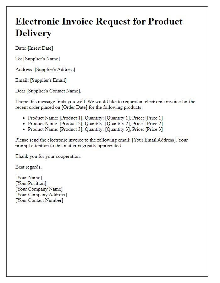 Letter template of electronic invoice request for product delivery.