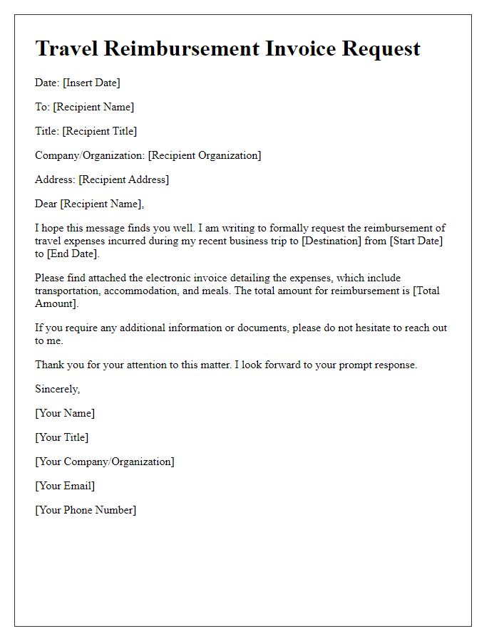 Letter template of electronic invoice request for travel reimbursement.