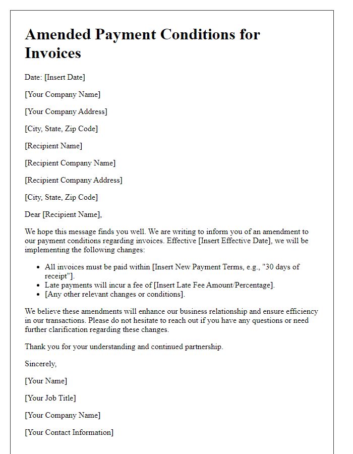 Letter template of amended payment conditions for invoices