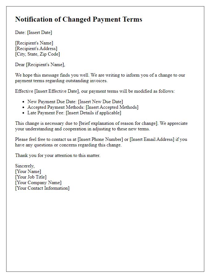 Letter template of changed payment terms for outstanding invoices