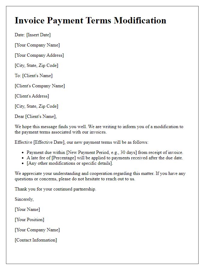 Letter template of invoice payment terms modification