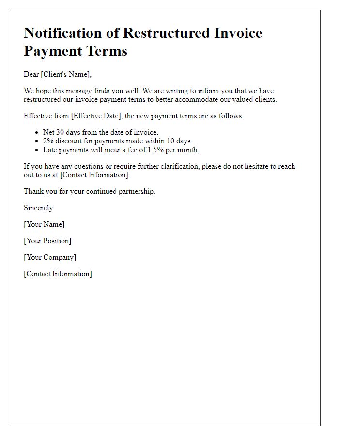 Letter template of notification for restructured invoice payment terms