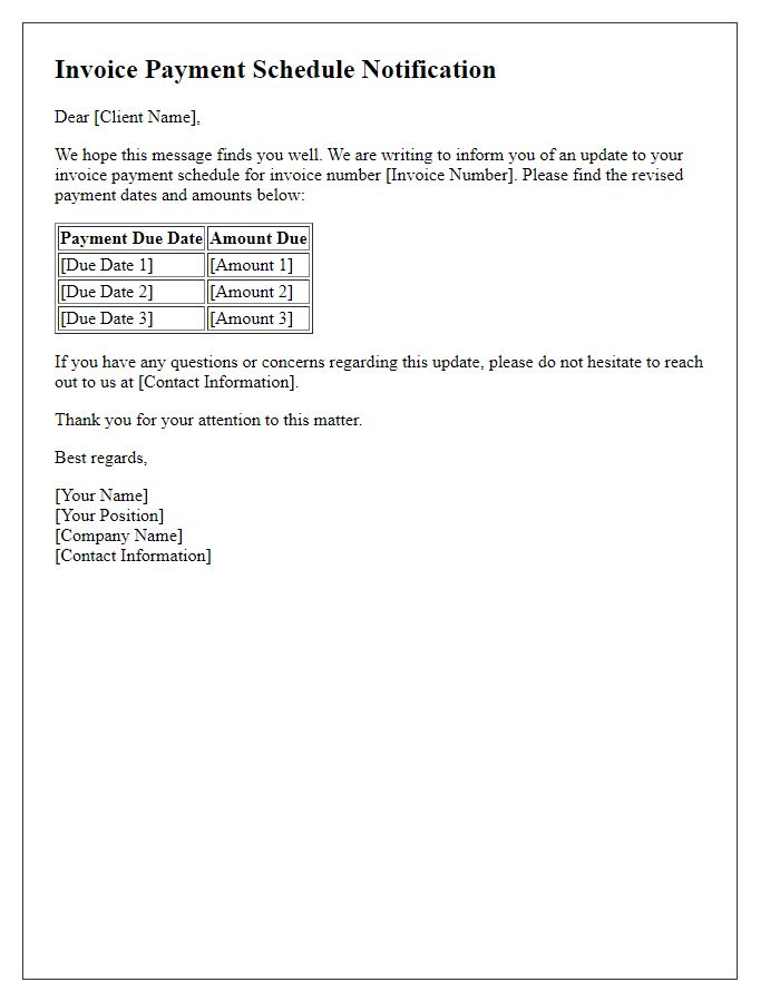 Letter template of updated invoice payment schedule notification