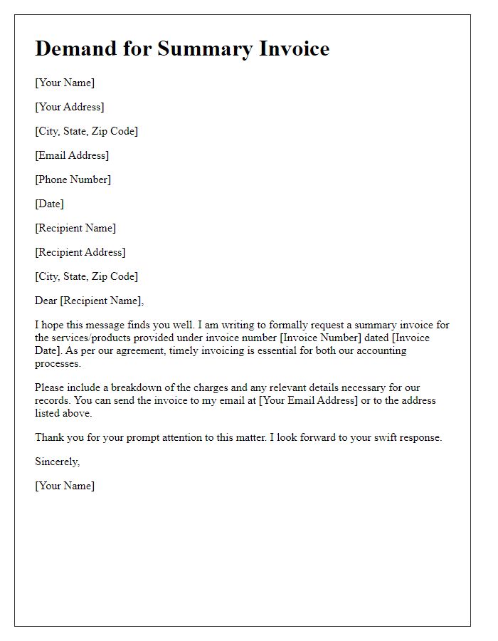 Letter template of demand for summary invoice