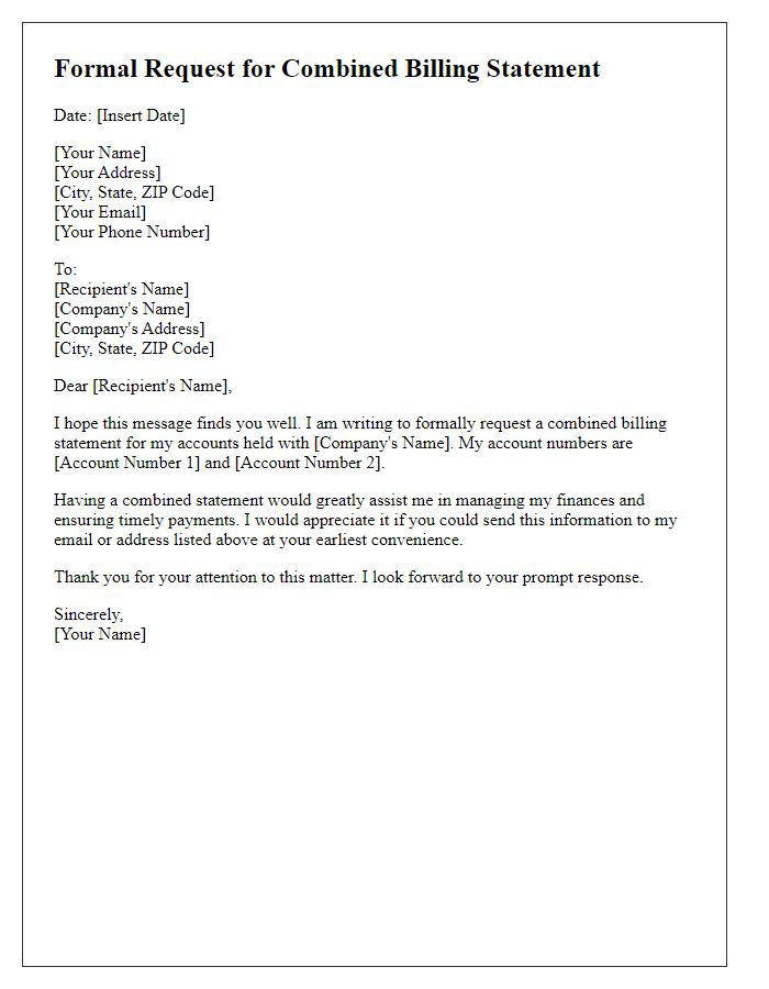 Letter template of formal request for combined billing statement