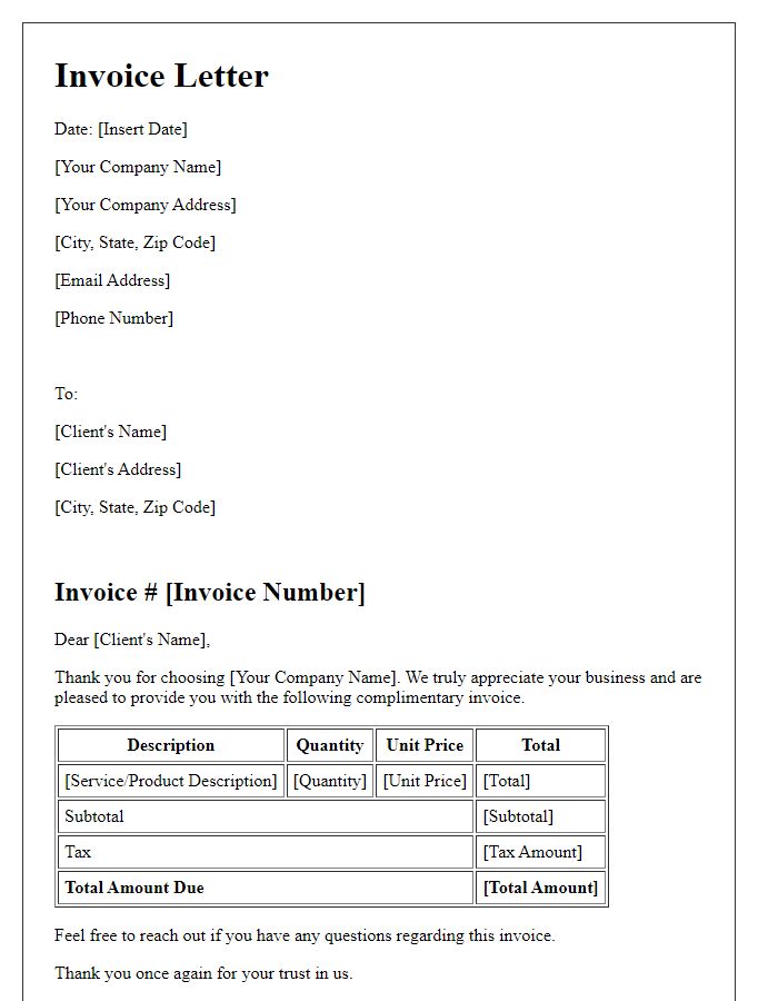 Letter template of custom complimentary invoice letter