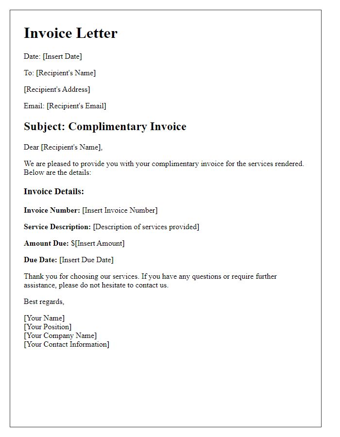 Letter template of digital complimentary invoice letter