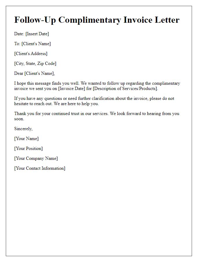 Letter template of follow-up complimentary invoice letter