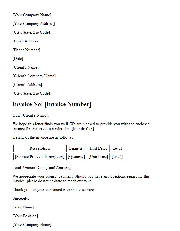 Letter template of formal complimentary invoice letter