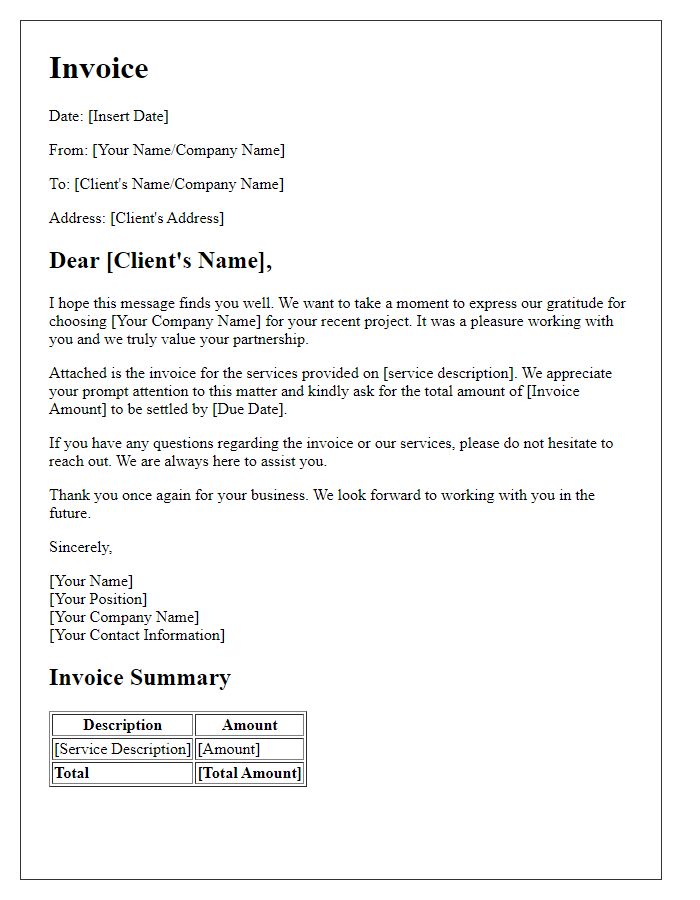 Letter template of friendly complimentary invoice letter