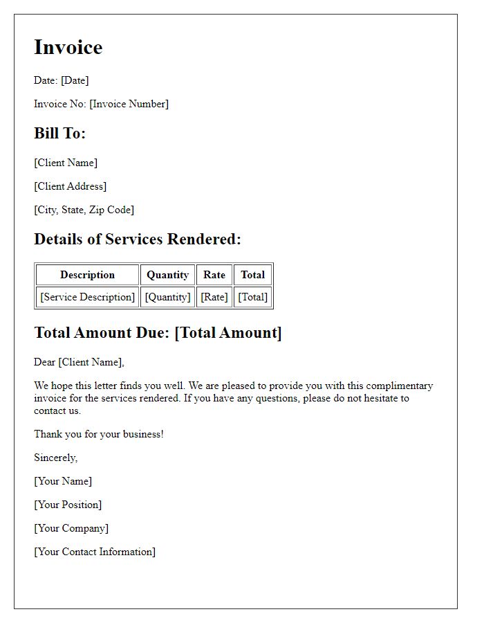 Letter template of professional complimentary invoice letter