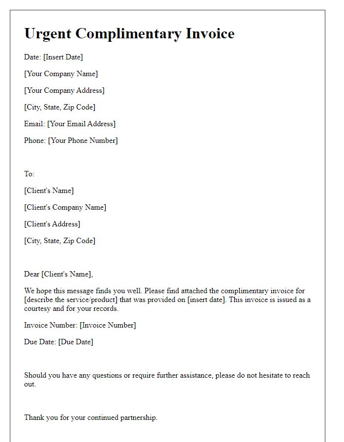 Letter template of urgent complimentary invoice letter