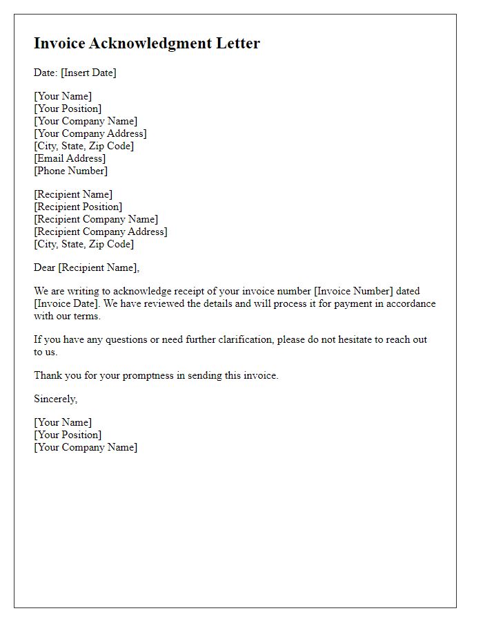 Letter template of acknowledgment for invoice number review