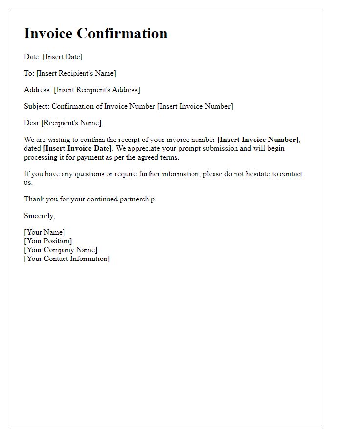 Letter template of confirmation needed for invoice number