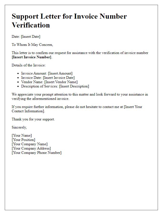 Letter template of support needed for invoice number verification