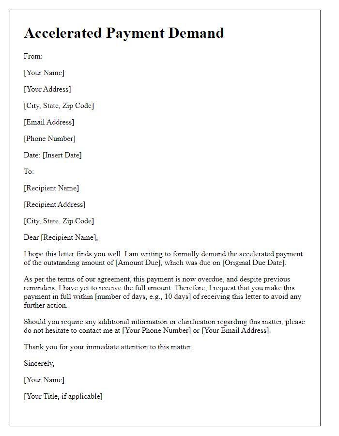 Letter template of accelerated payment demand