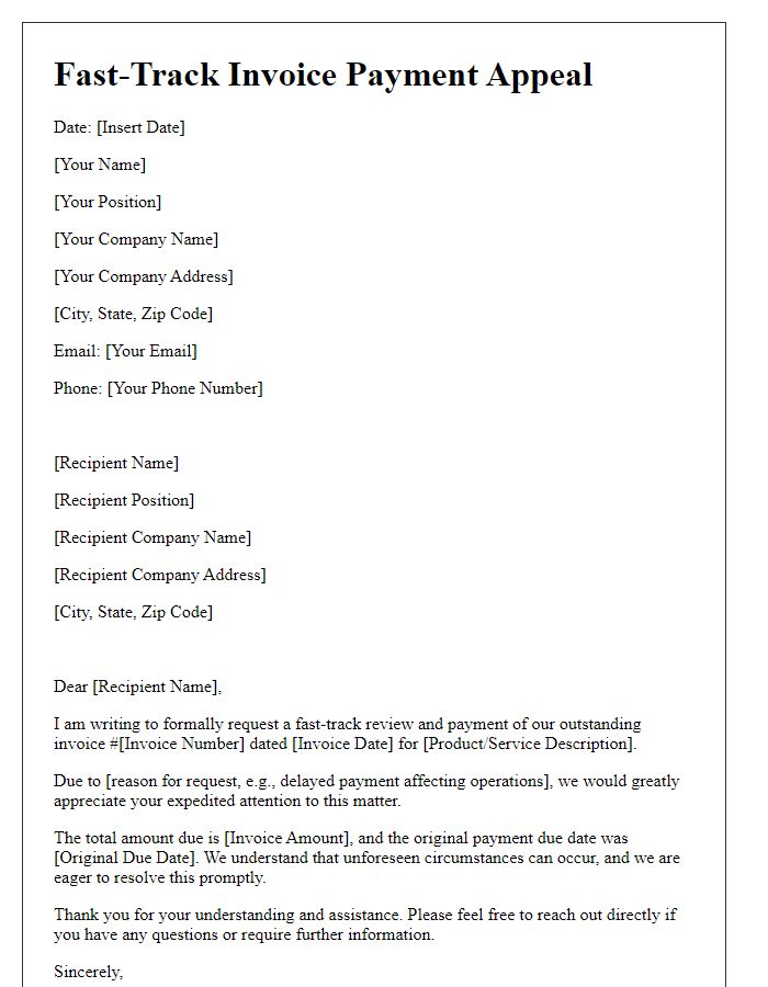 Letter template of fast-track invoice payment appeal