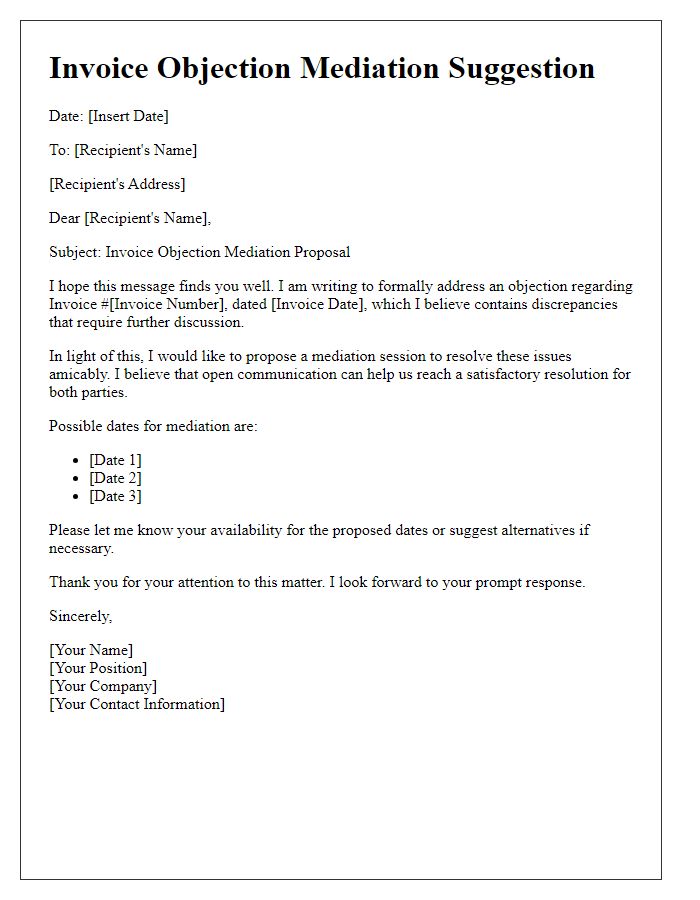 Letter template of invoice objection mediation suggestion