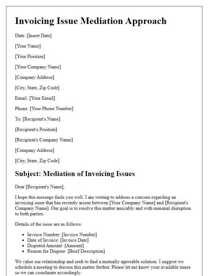 Letter template of invoicing issue mediation approach