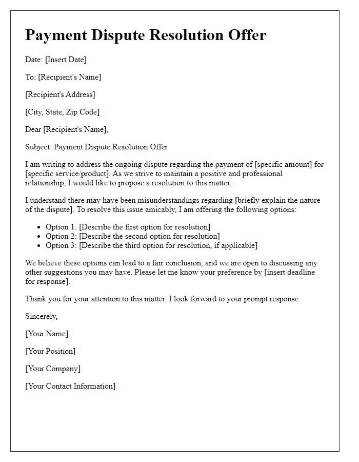 Letter template of payment dispute resolution offer